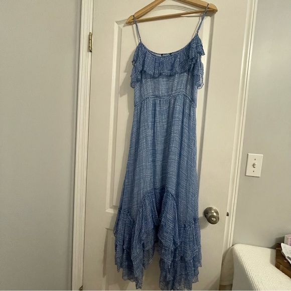 LOVE Sam MIDI Dress Light Blue Asymmetrical Ruffle Hem Semi Sheer - Picture 4 of 12